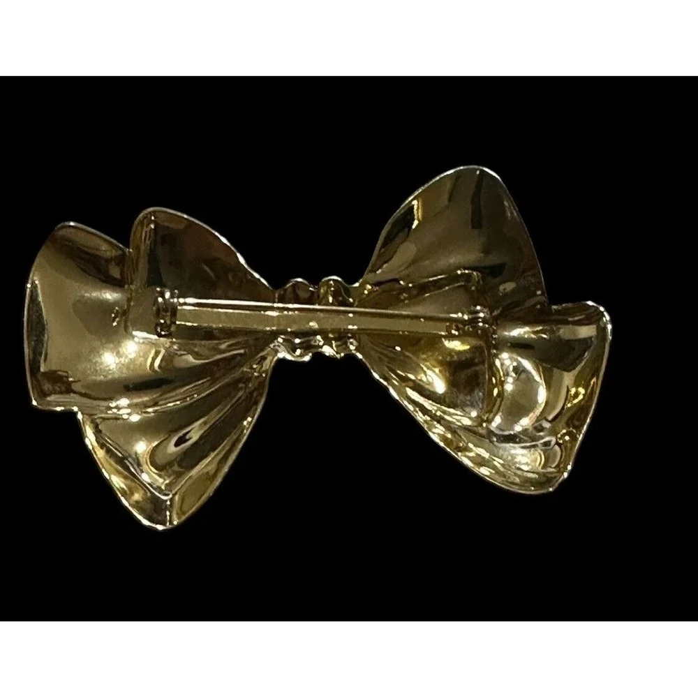 Vintage Bow Ribbon Brooch Gold Tone Dimensional Bow Tie Brooch Large Puffy